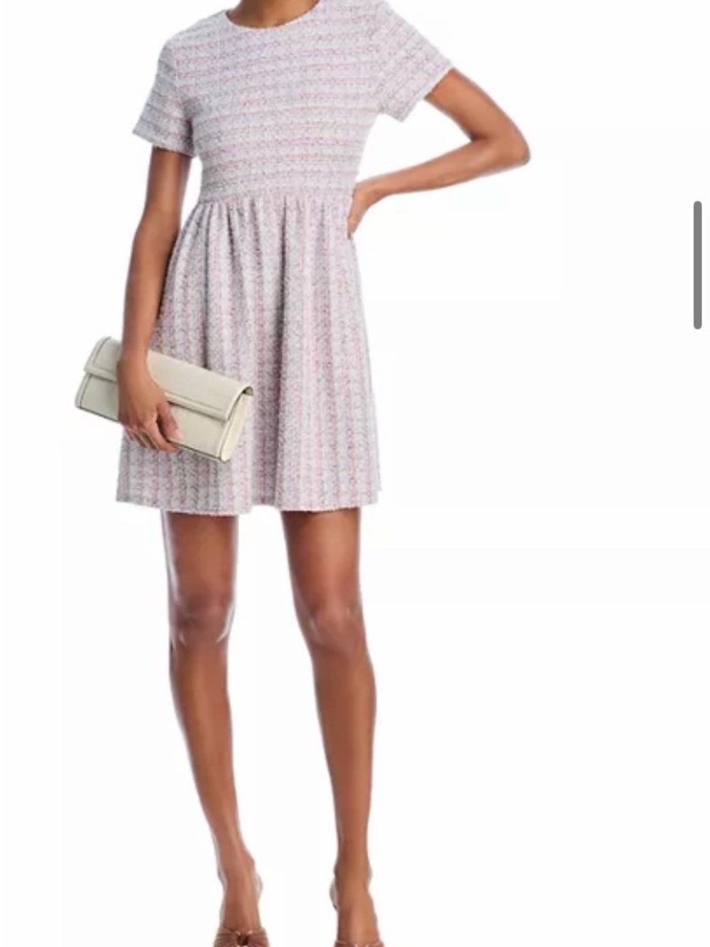 Aqua Short-Sleeve Fit-and-Flare Mini Dress in Light Pink Tweed- S
